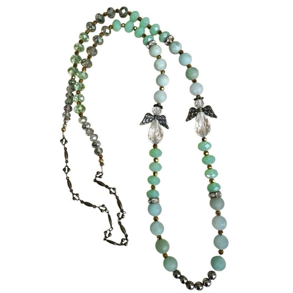 Handmade Angel Charm Beaded Necklace with Green Glass & Crystal Accents